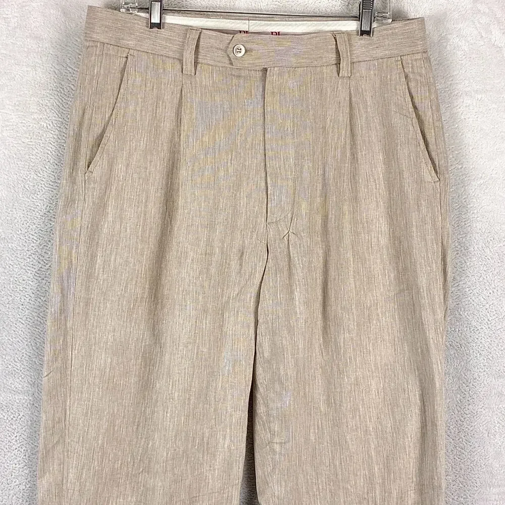 VTG Prestige Pants Men 34 Beige Linen Pleated Cuffed Preppy Summer Classic 90s